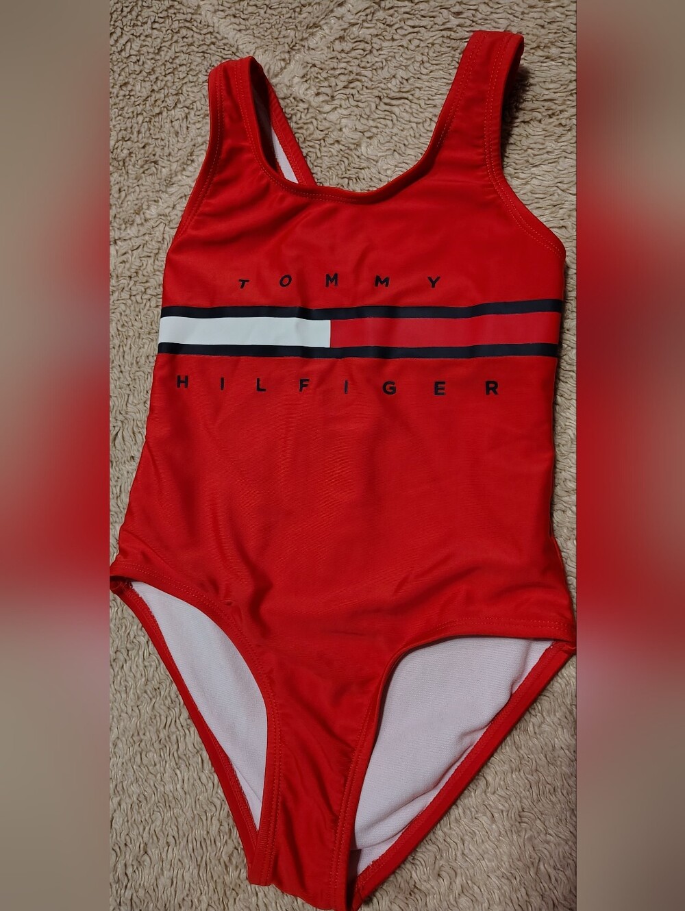 Tommy Hilfiger Girls One Piece Swimsuit Red Navy Racerback Logo Front Size 7